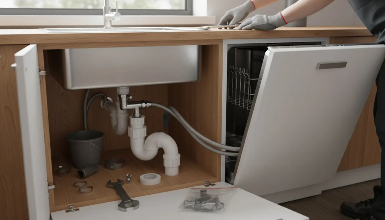 Hænder forbinder opvaskemaskine under køkkenvask med nye afløbs- og vandtilslutningsdele og værktøj klar.