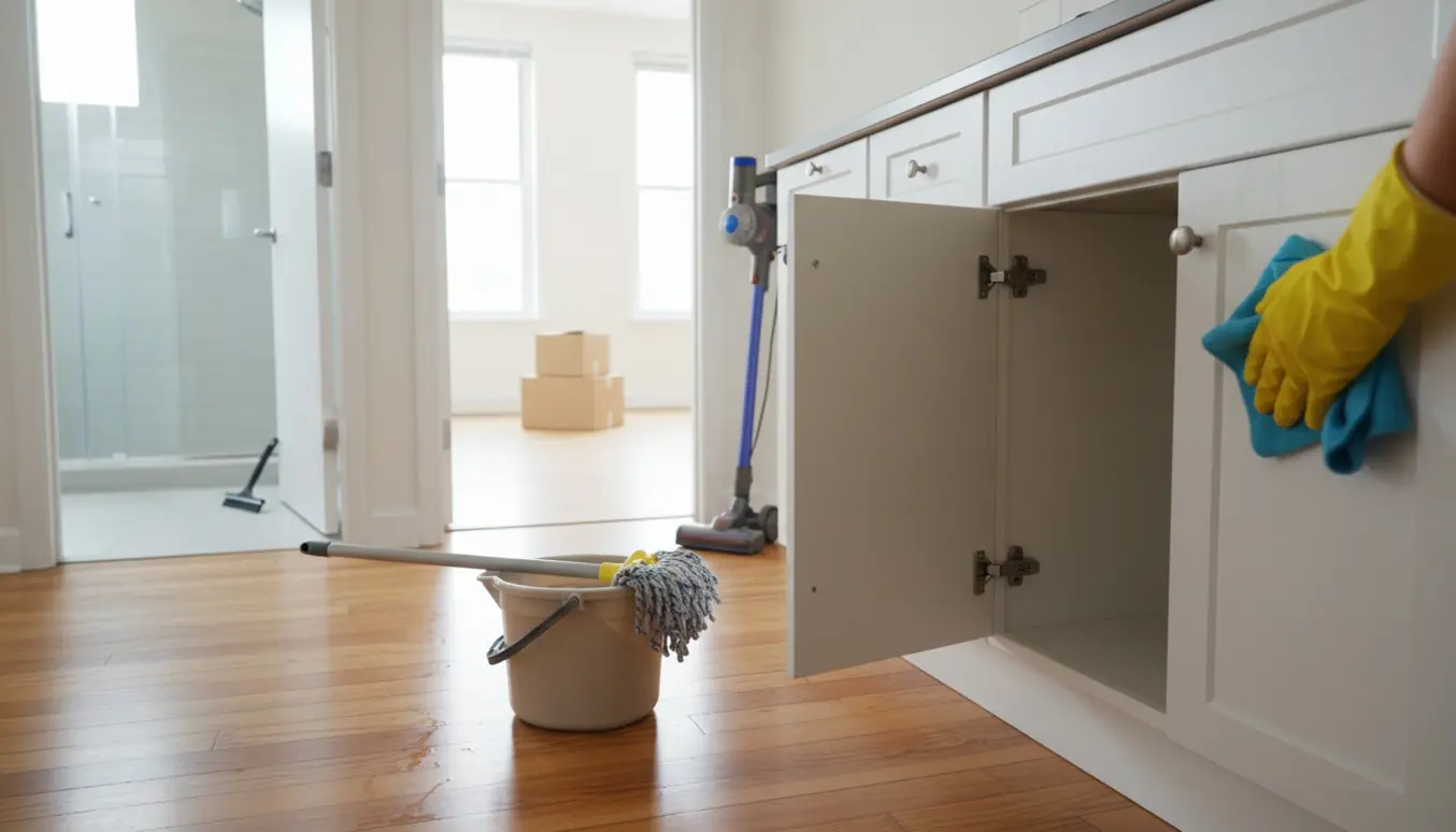 Flytterengøring i en lys lejlighed med gummihandske, moppe, støvsuger og åbne køkkenskabe.