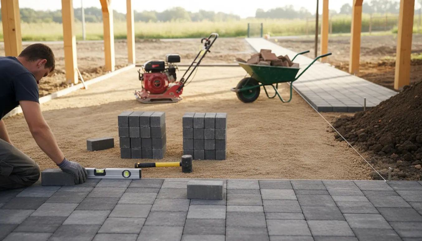 Carport under belægning med stabilt grus og nysatte fliser, værktøj og stakke af fliser i forgrunden.