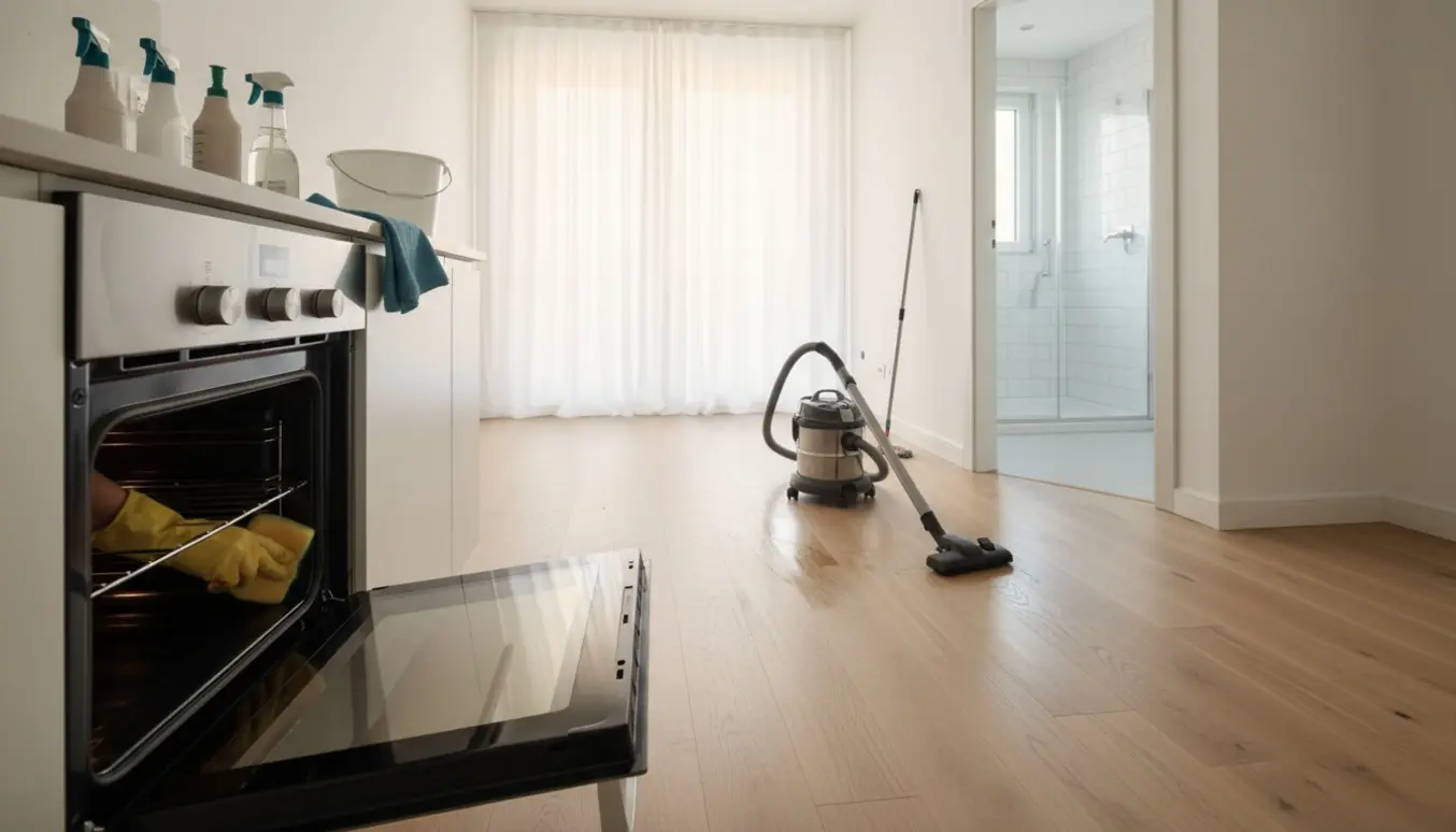 Hænder i gummihandsker rengør en åben ovn i en lys, tom 40 m² stuelejlighed med støvsuger og rengøringsmidler i fokus.