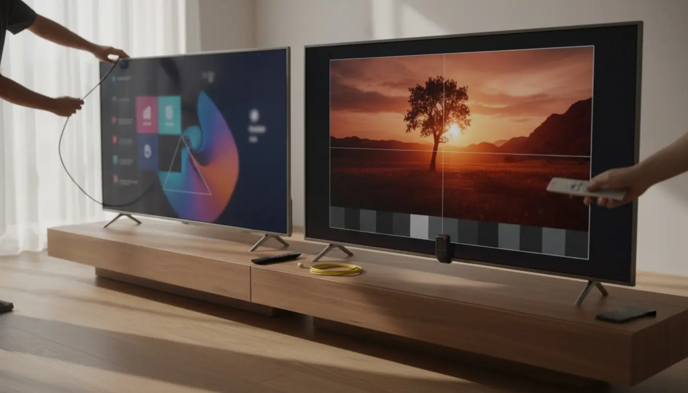 Hænder tilslutter HDMI-kabel og bruger fjernbetjening til at indstille to fladskærme på et mediabord.