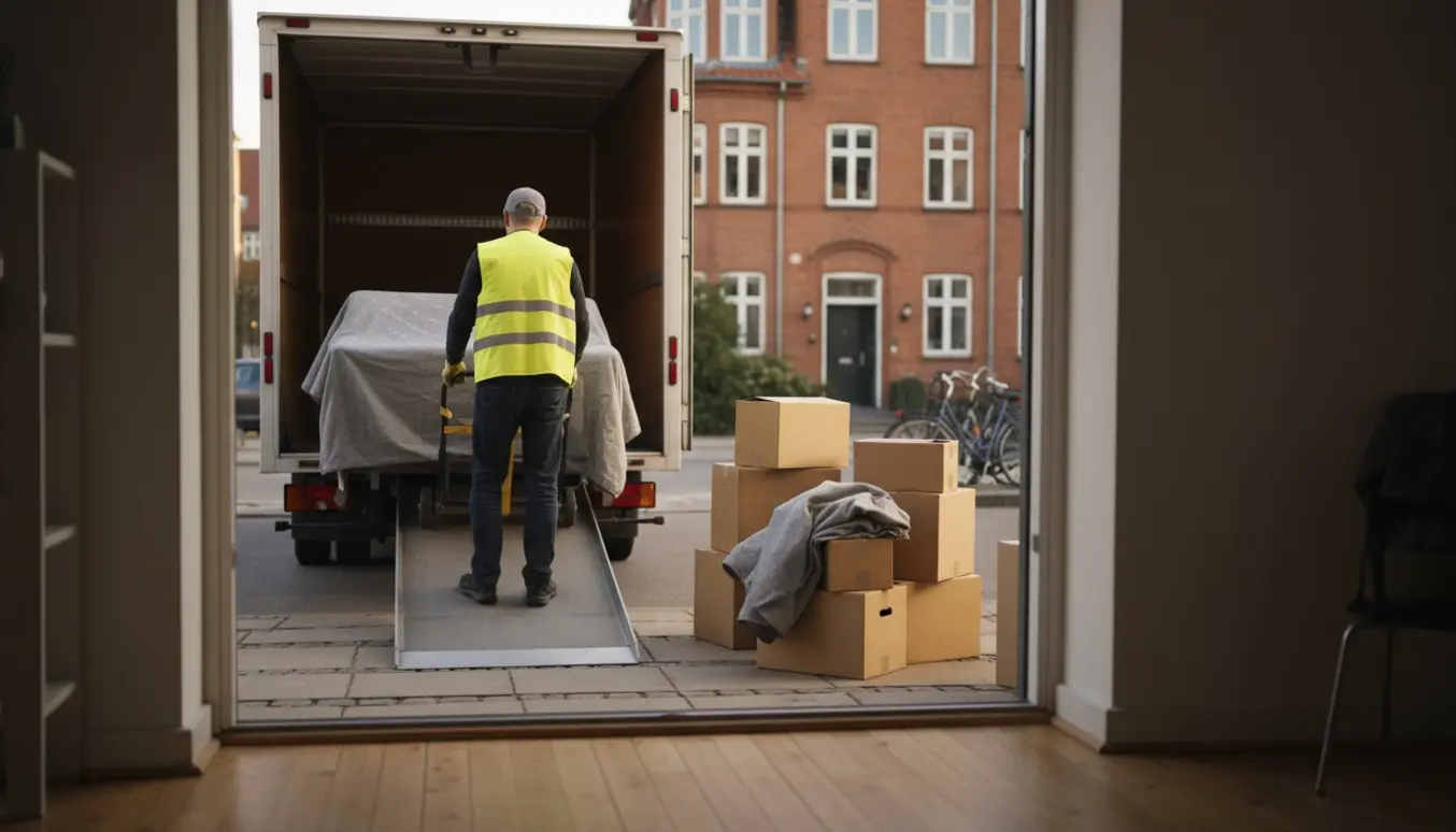 En flyttemand læsser en sofa og flyttekasser ind i en ubrandet flyttevogn på en rolig gade.