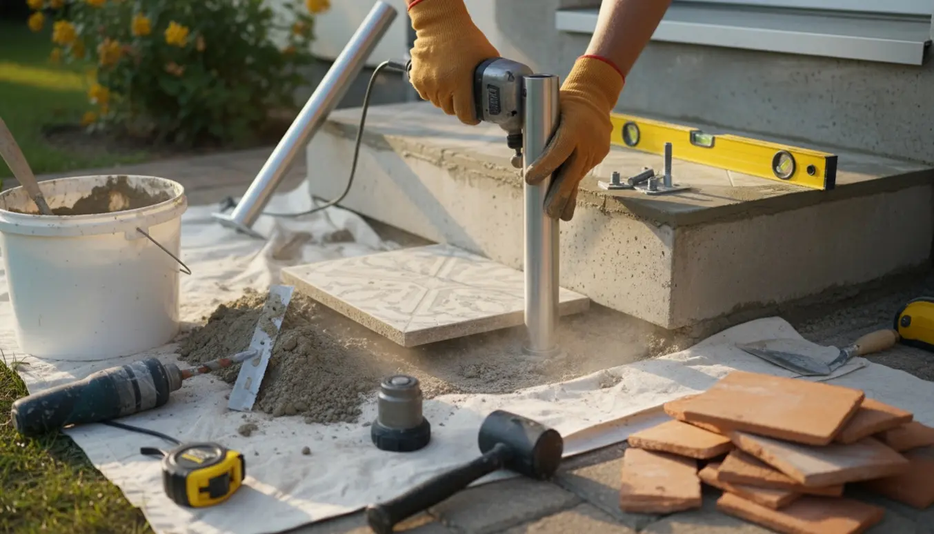 Udendørs to-trins trappe under reparation med monterede gelændere og værktøj i forgrunden.