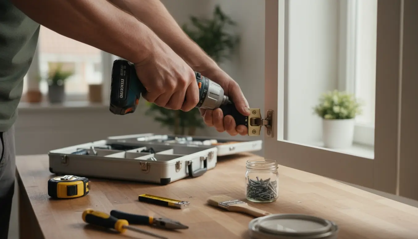 En håndværker udfører småreparationer i hjemmet med værktøj spredt på et bord.