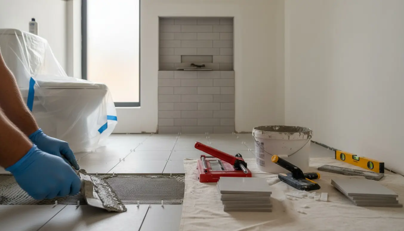 Partielt fliset badeværelse under renovering med fliser i bruseniche og på gulv samt værktøj på plads.