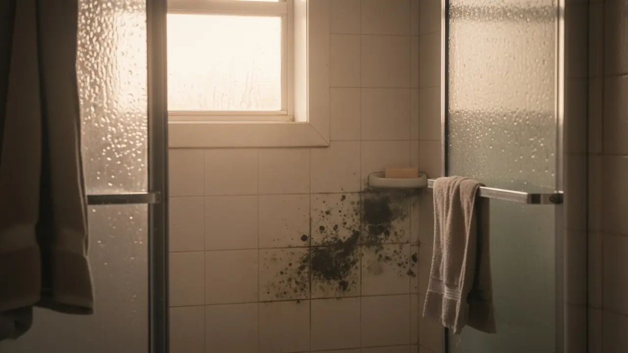 Badeværelse med fugtige fliser og begyndende skimmel i fugerne