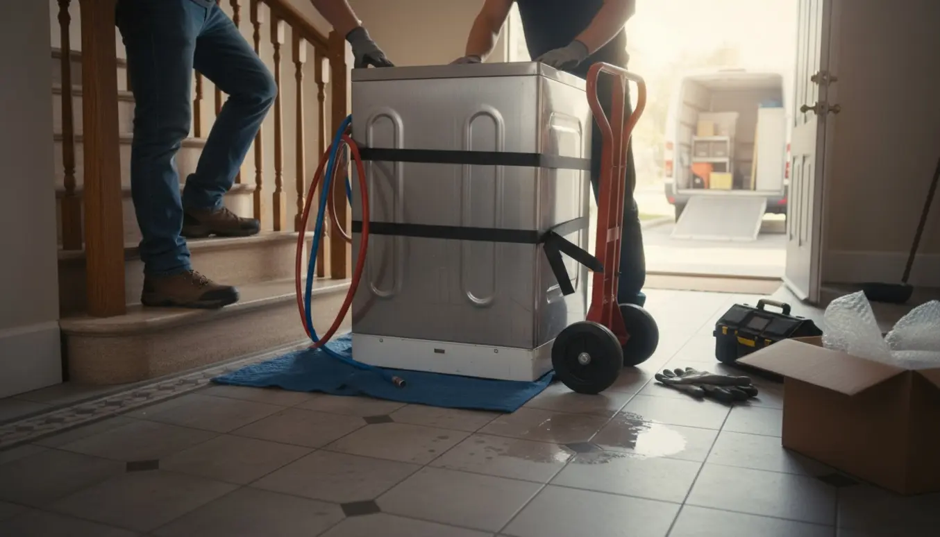 Afmonteret vaskemaskine på entrélokalet på 2. sal med flytteudstyr klar til at blive båret ned ad trappen.