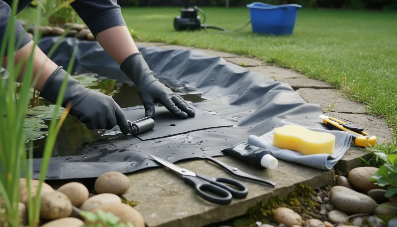 Nærbillede af reparation af havedamsfolie ved damkanten med lap og værktøj.