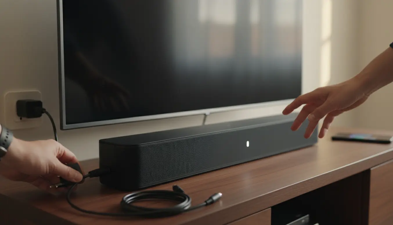 Sort soundbar på mediebord med konstant hvid diode, mens hænder fejlfinder strømstikket.