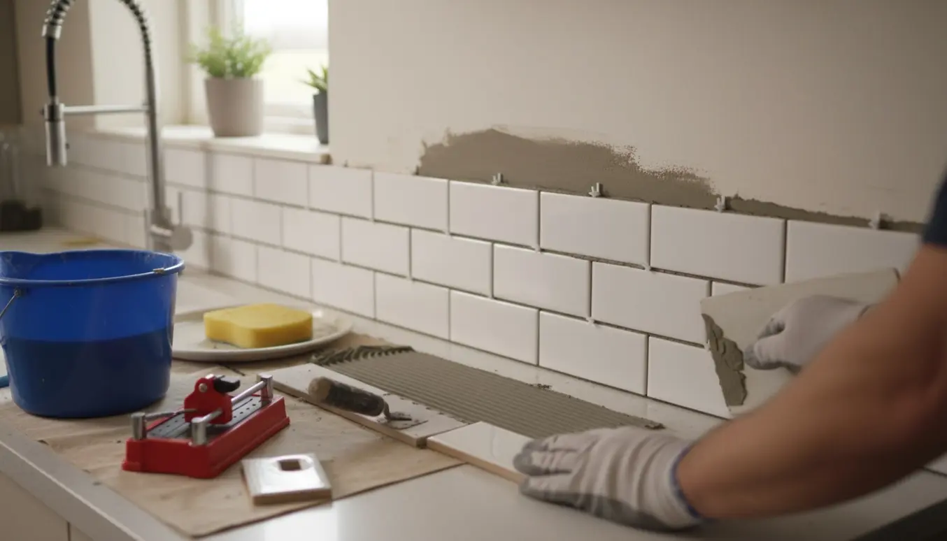 Nærfoto af opsætning af New Yorker-klinker i køkken med fugearbejde og værktøj.