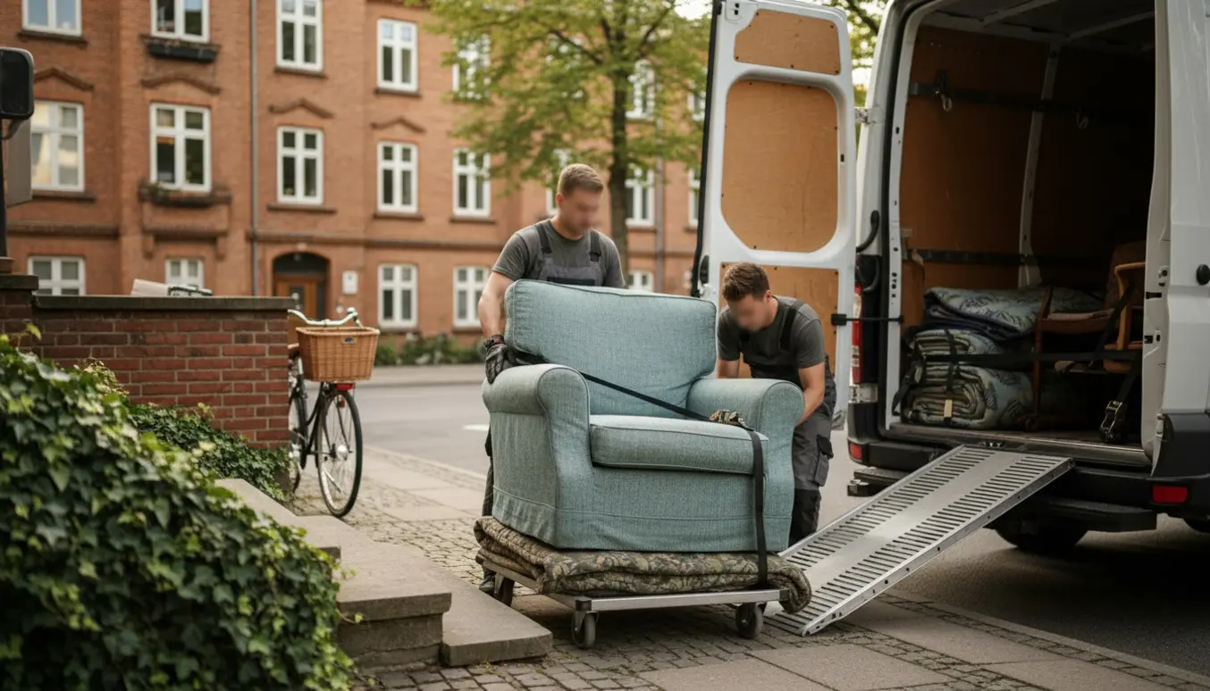 To flyttefolk læsser en polstret lænestol ind i en varevogn foran en københavnsk bolig.
