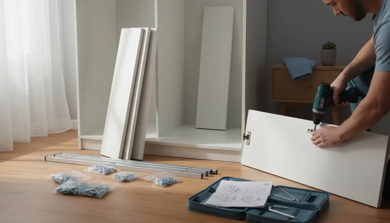 Delvist samlet hvidt garderobeskab med værktøj og hænder i et lyst soveværelse.