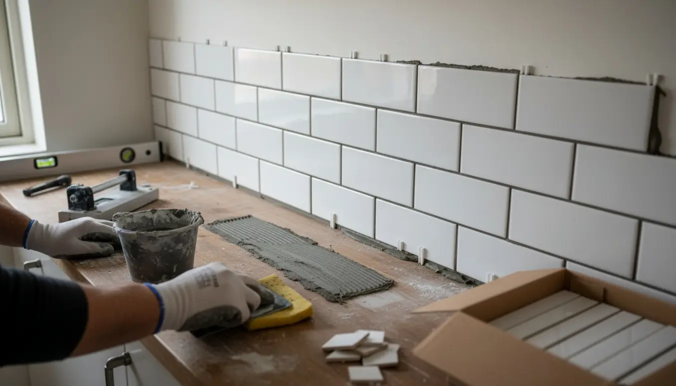 Delvist opsat New Yorker-fliser i et køkken i Udsholt med hænder, der fugearbejder og værktøj på bordet.