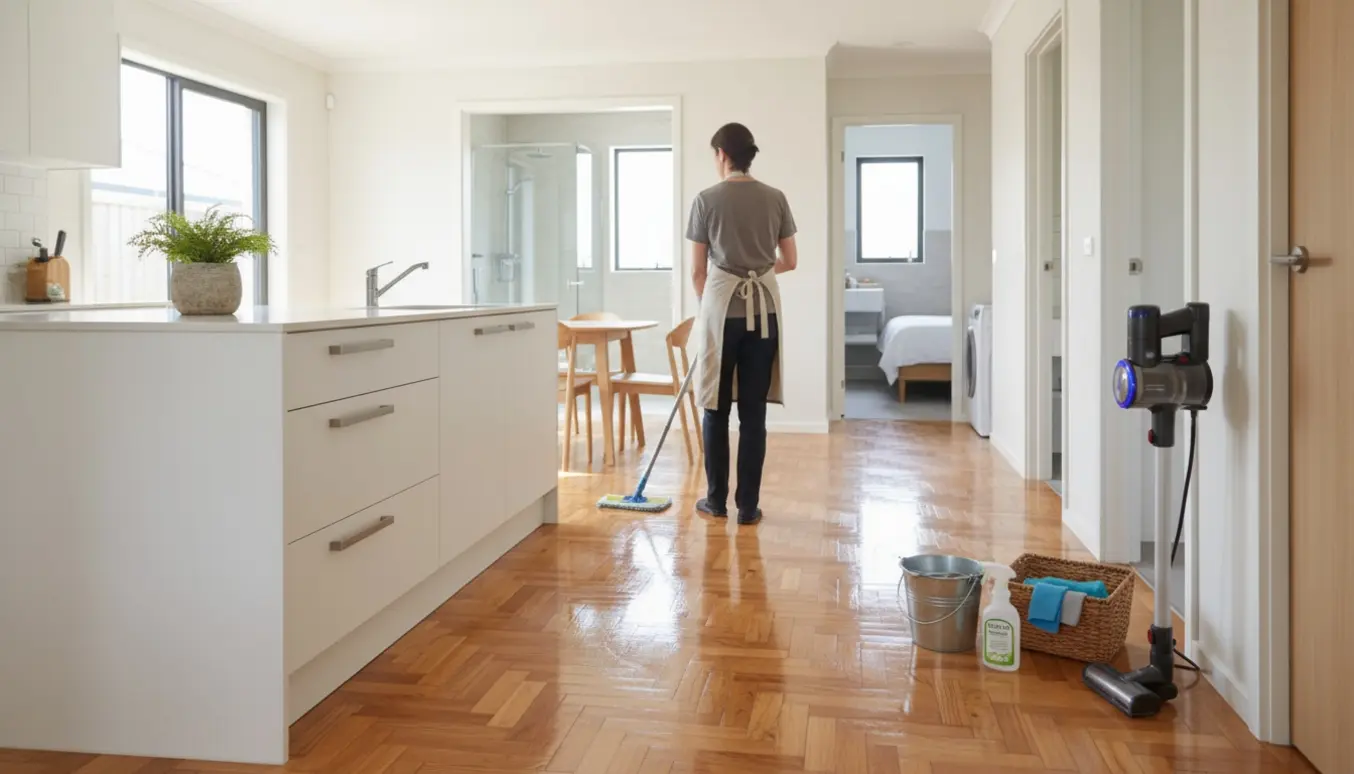 En hjælper vasker parketgulv i et lyst, nybygget hjem med rent køkken, badeværelse og åbne værelser.