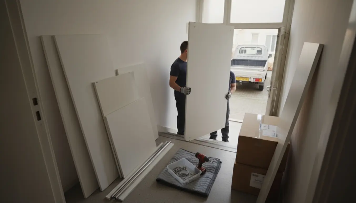 To personer bærer et stort skabspanel ned ad en trappe mod en varevogn med skabskomponenter og værktøj i forgrunden.