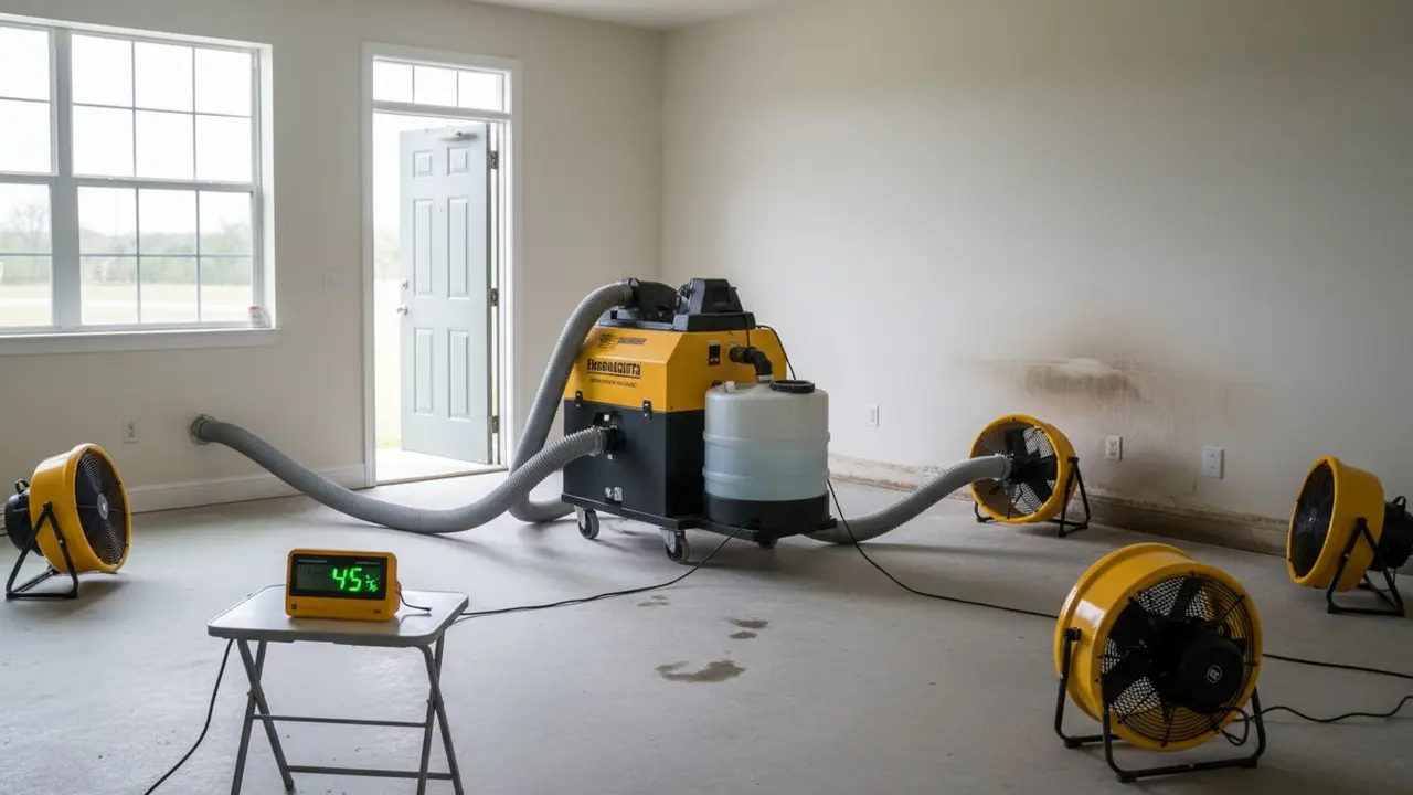 Affugtere og ventilatorer i et rum, der tørrer efter en vandskade, med måler på fugtighed.