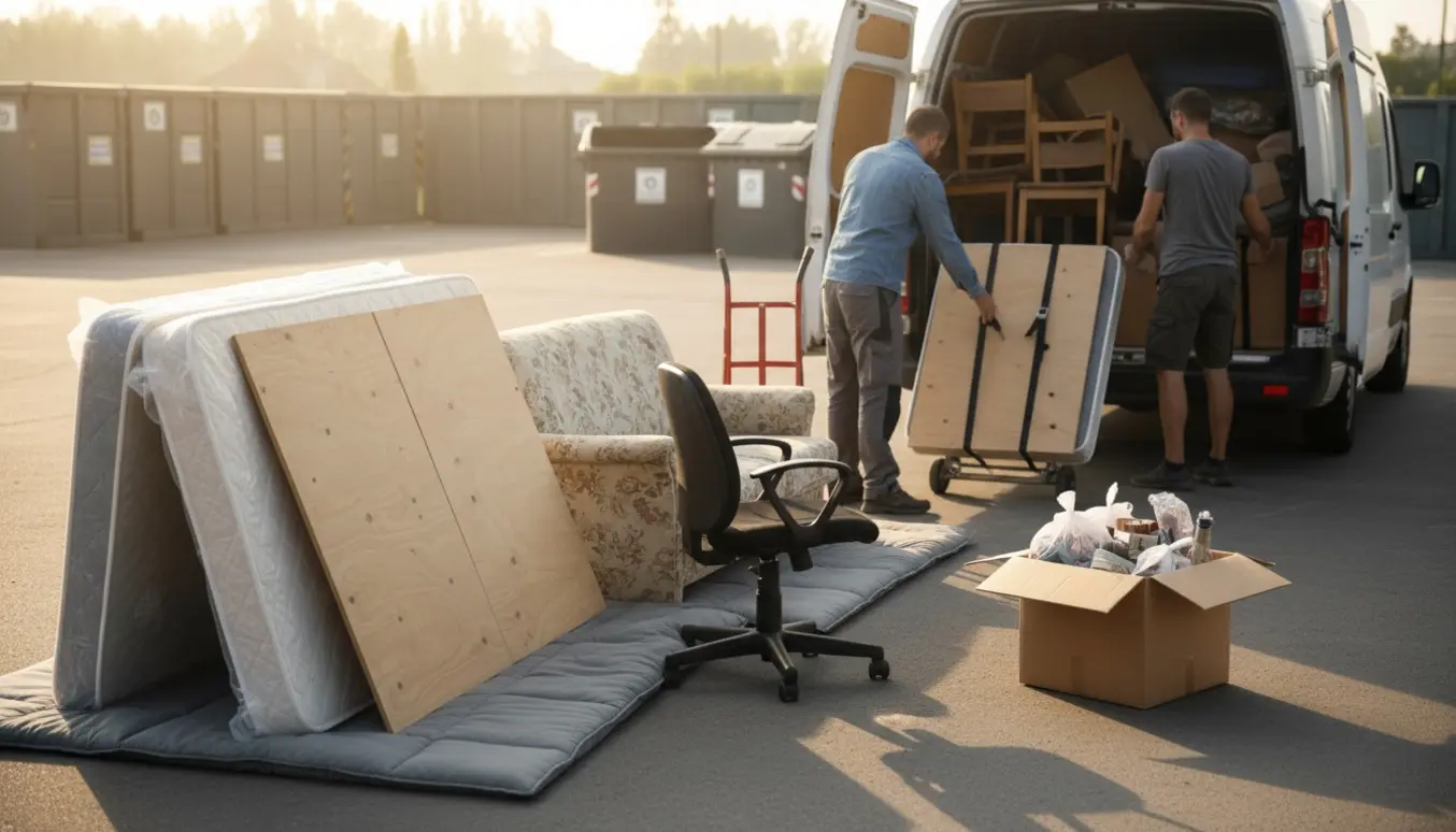 Flyttefolk læsser møbler og småting på en varebil ved en genbrugsplads i blødt dagslys.