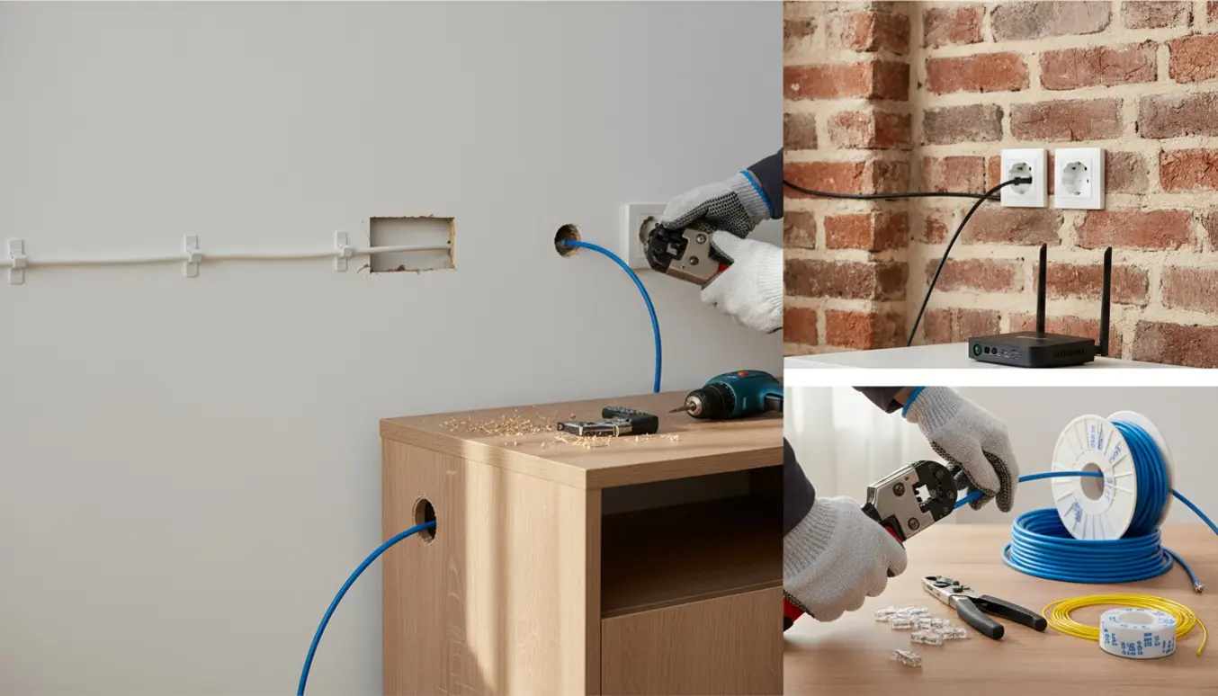 Hænder fører tre netværkskabler fra en router gennem træ-, gips- og murstensvægge og forbereder et RJ45-stik med værktøj.