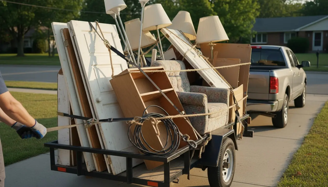 Trailer fyldt med storskrald med lamper, skabslåger og møbler på en indkørsel.