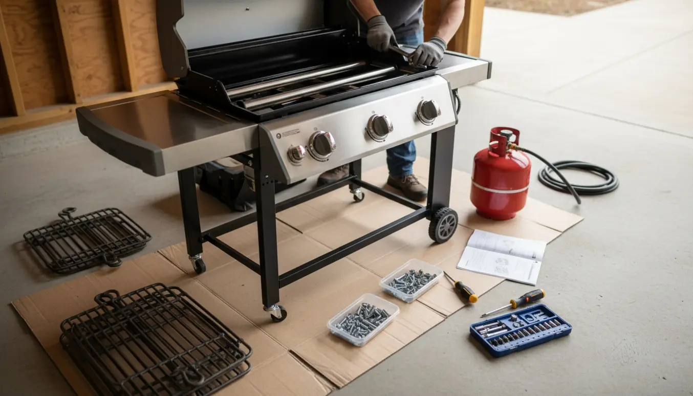 Delvist samlet tre-burners gasgrill i carport med værktøj, reservedele og hænder under montering.