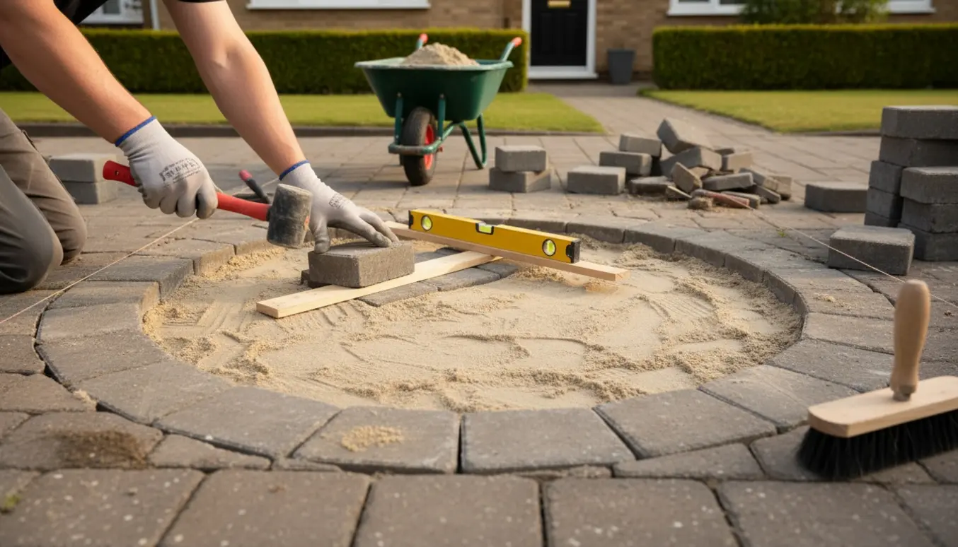 Hænder lægger nye fliser i en cirkulær reparationszone på forhaven efter skadedyrsskade.