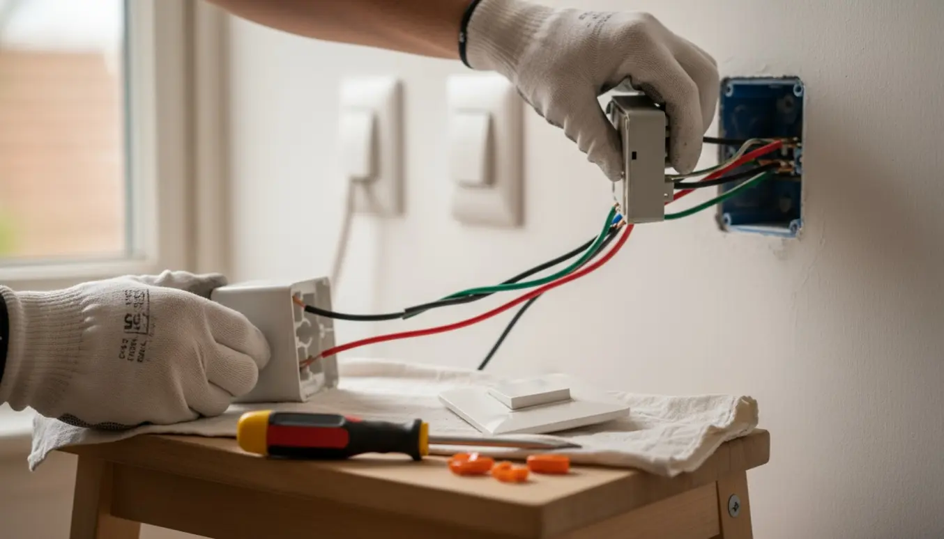 Nærbillede af elektrikerhænders montering af en SG LED-dæmper i en åben vægboks med korrespondanceledninger.