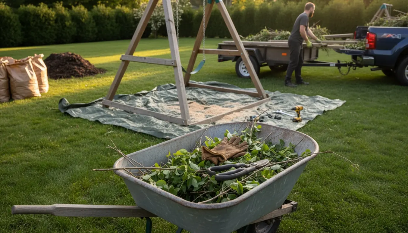 Haveaffald og dele af et nedrevet gyngestativ bliver samlet og laset i en trailer i varmt eftermiddagslys.