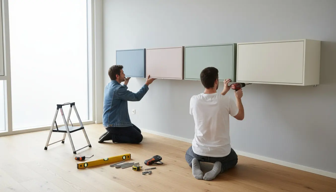 Fire modulære skænke hænges op på en væg i en lys stue, med værktøj og en vaterpasset på gulvet.