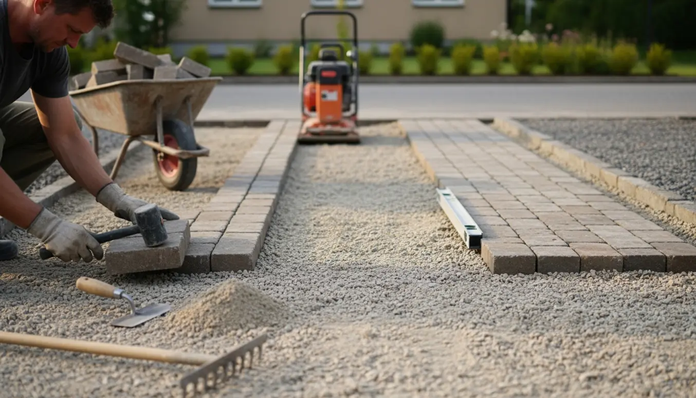 Omlægning af herregårdssten i indkørsel ved asfaltkanten med stabilgrus.