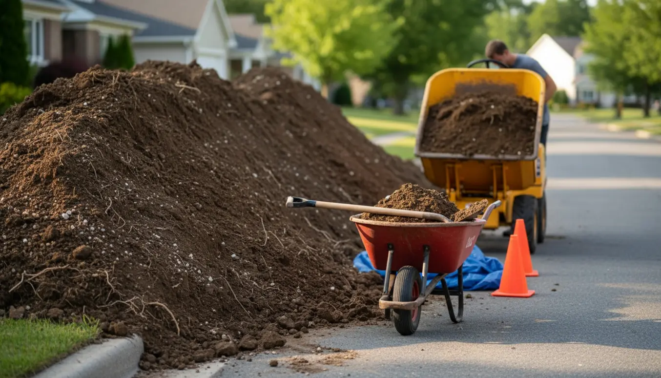 Stor bunke jord ved vejkanten med trillebør og skovl klar til bortkørsel.