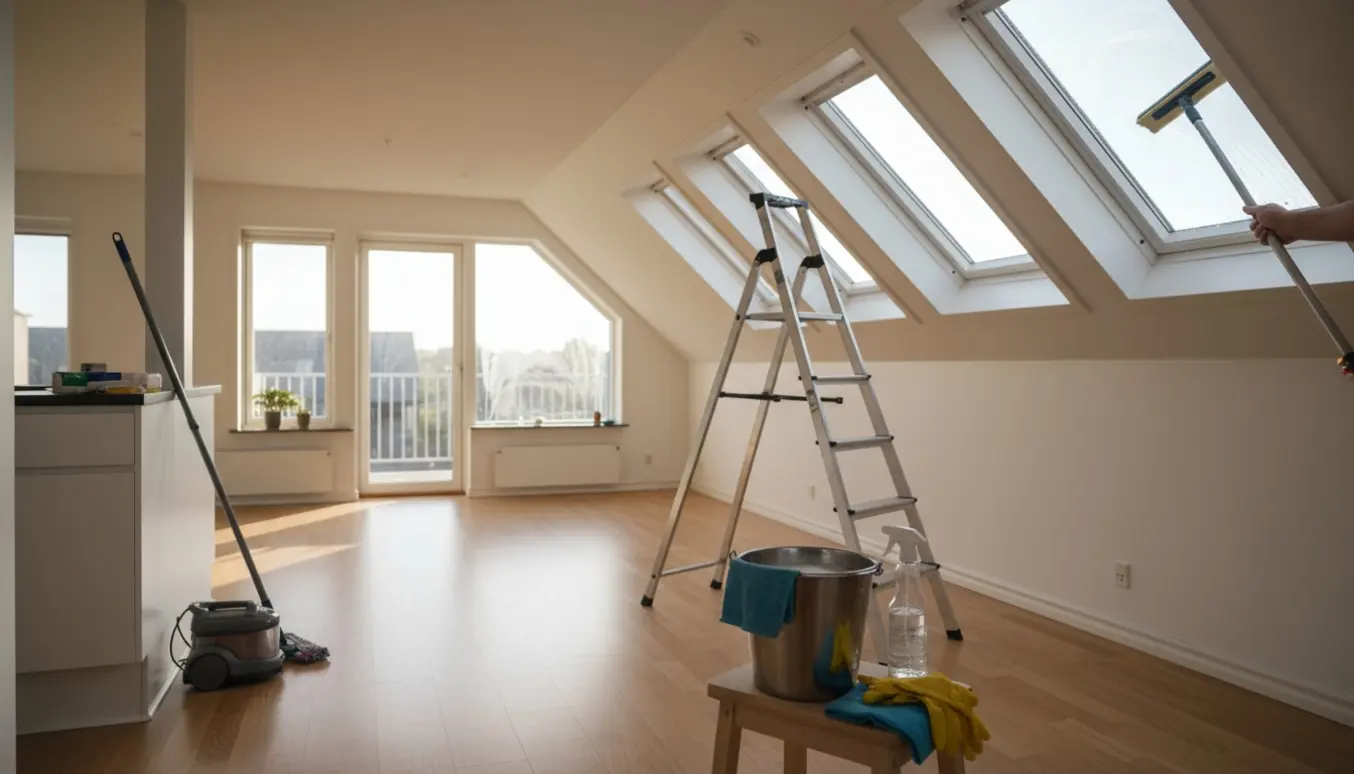 Lyst rækkehusinteriør med rengøringsudstyr og nyligt pudsede vinduer, en hånd tørrer et skråvindue.