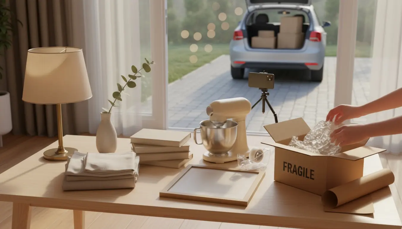 Ryddet stue med pæne ting og hænder, der forsigtigt pakker varer i kasser ved siden af en bil klar til afhentning.