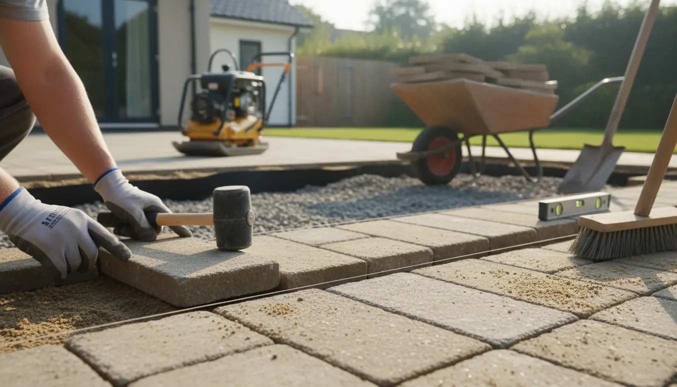 Nærbillede af terrassearbejde i baghaven med udlagt bundsikring og genbrugte fliser klar til at blive lagt.
