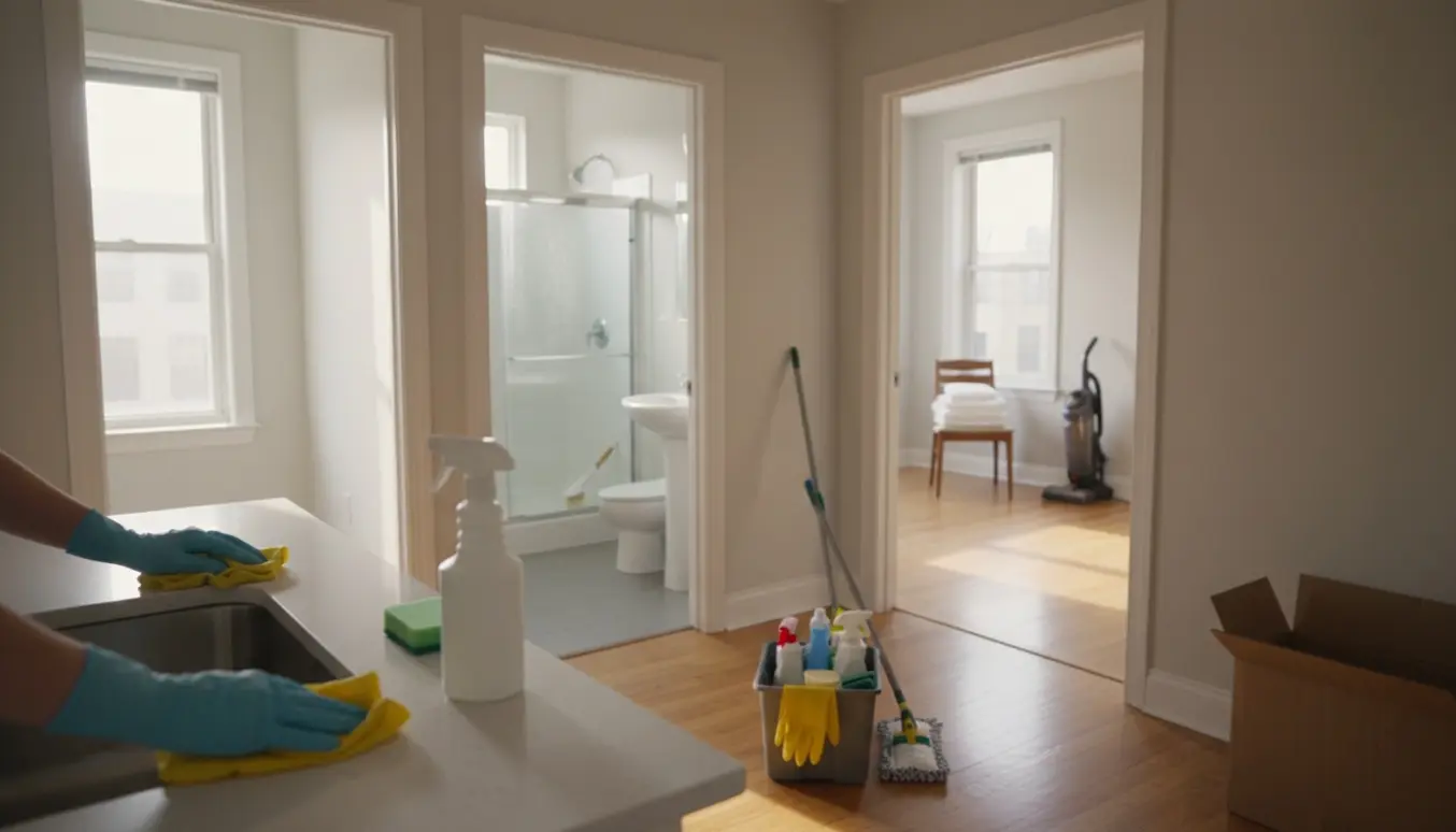 Solbeskinnet lejlighed under flytterengøring med handsker, klude og rengøringsmidler i køkkenet og åbne rum.