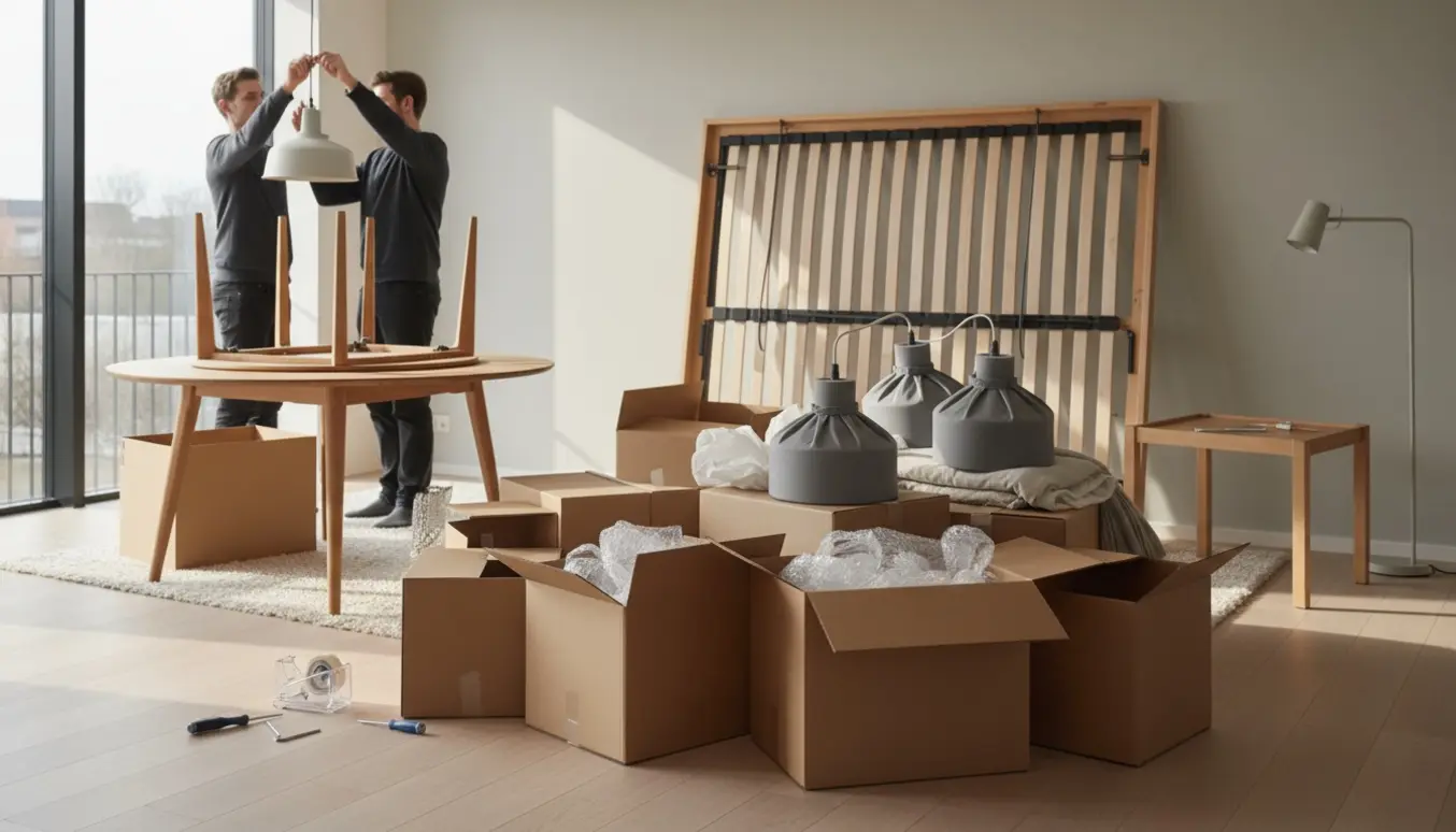 Indendørs flyttescene med adskilt seng, spisebord uden ben, flyttekasser og lamper klar til montering.