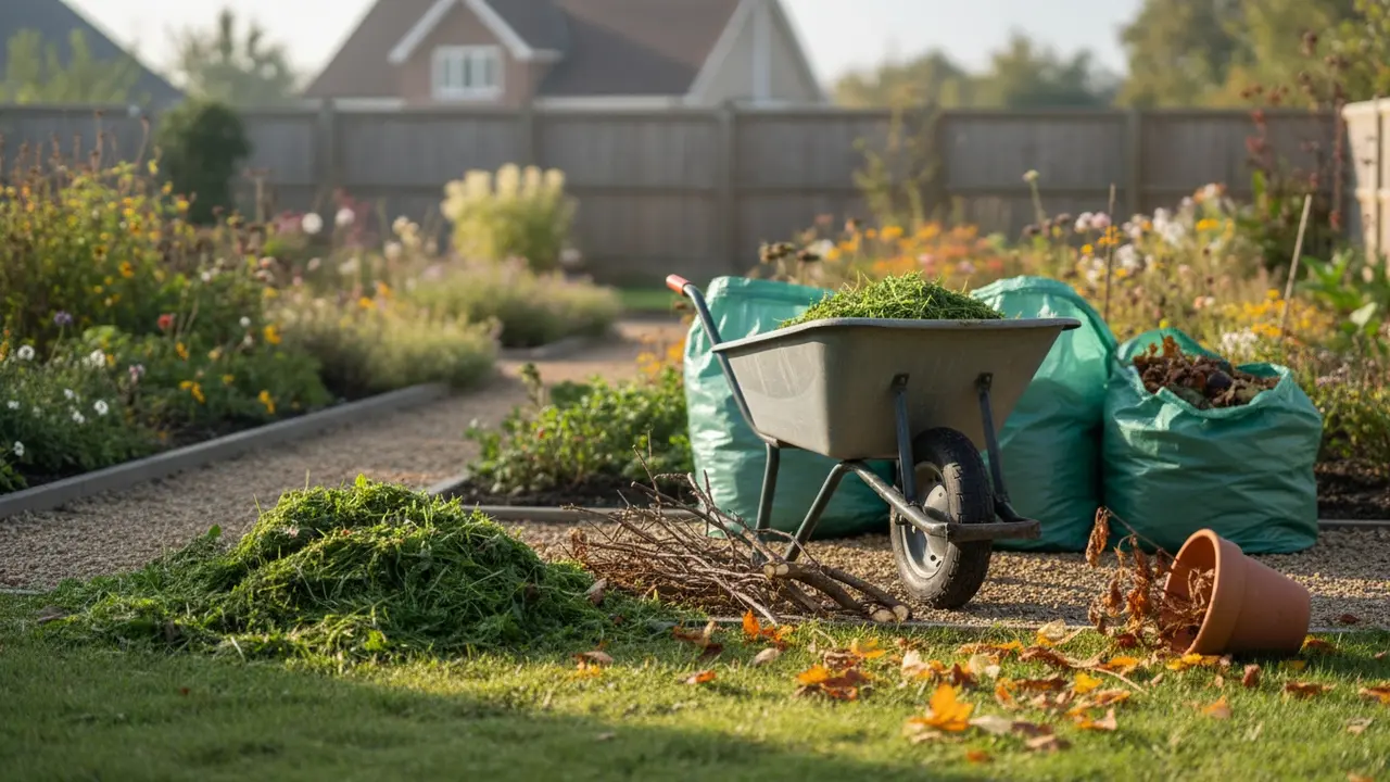 Havelandskab med græsafklip, blade, kviste og haveposer ved en skovl