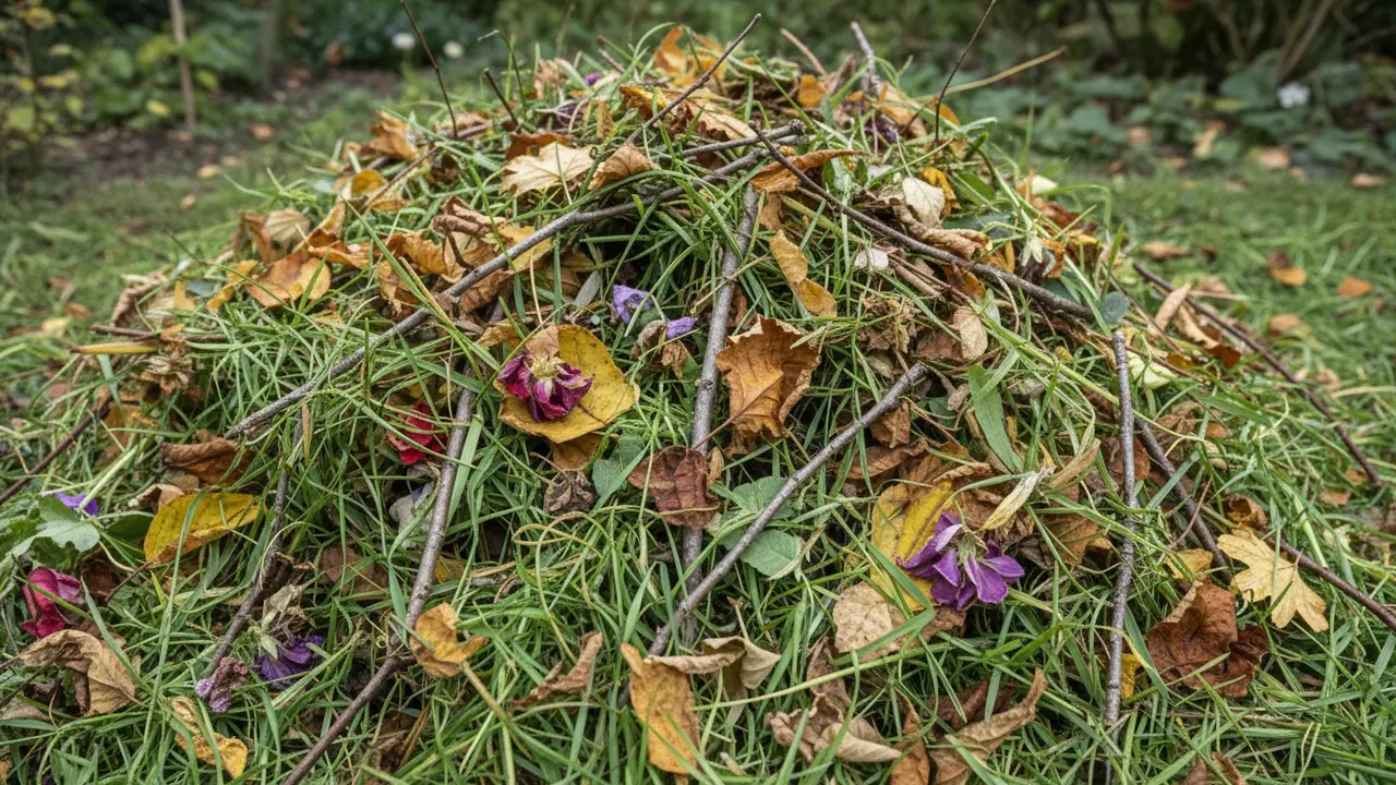 Nærbillede af græsafklip, blade, små grene og visne blomster i en bunke