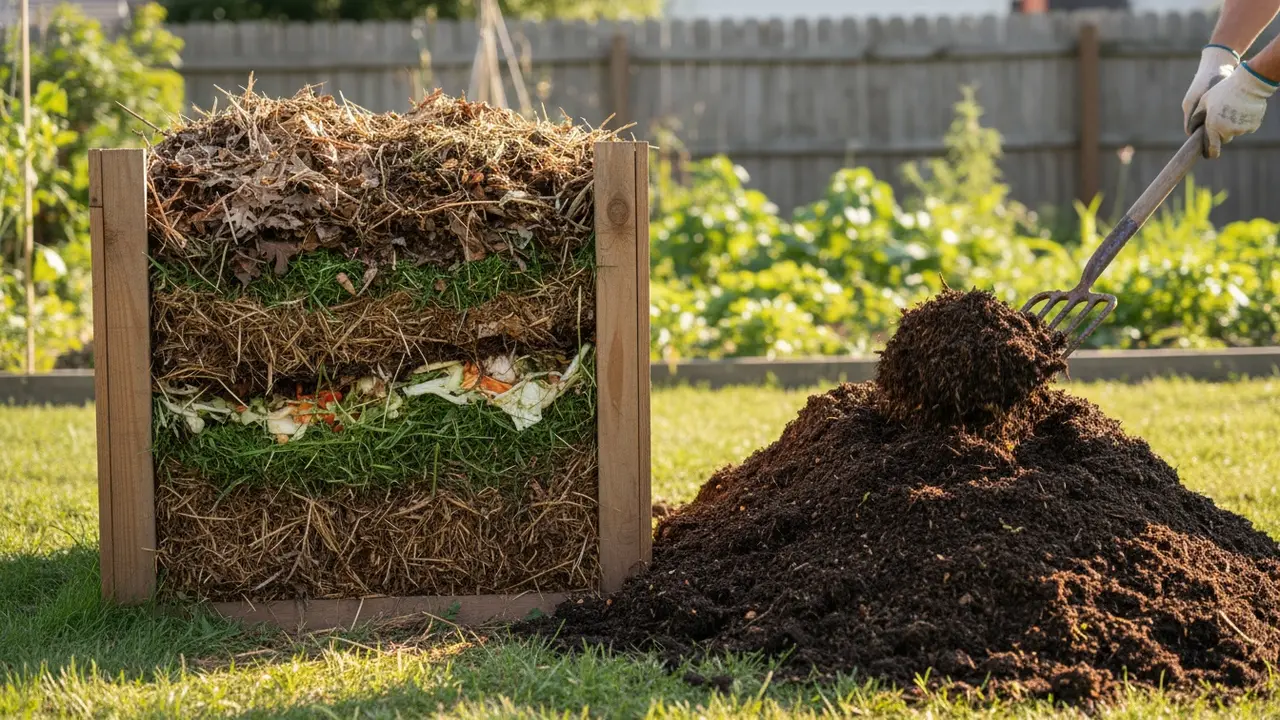 Åben kompostbeholder med lag af grønt og brunt materiale og mørk færdig kompost