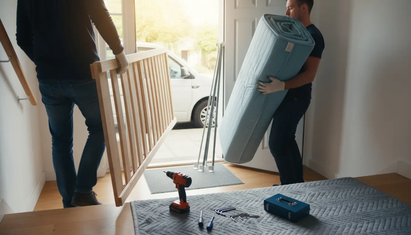 To flyttefolk bærer en nedtaget smal dobbeltseng og værktøj ned ad en trappe mod en åben varevogn.