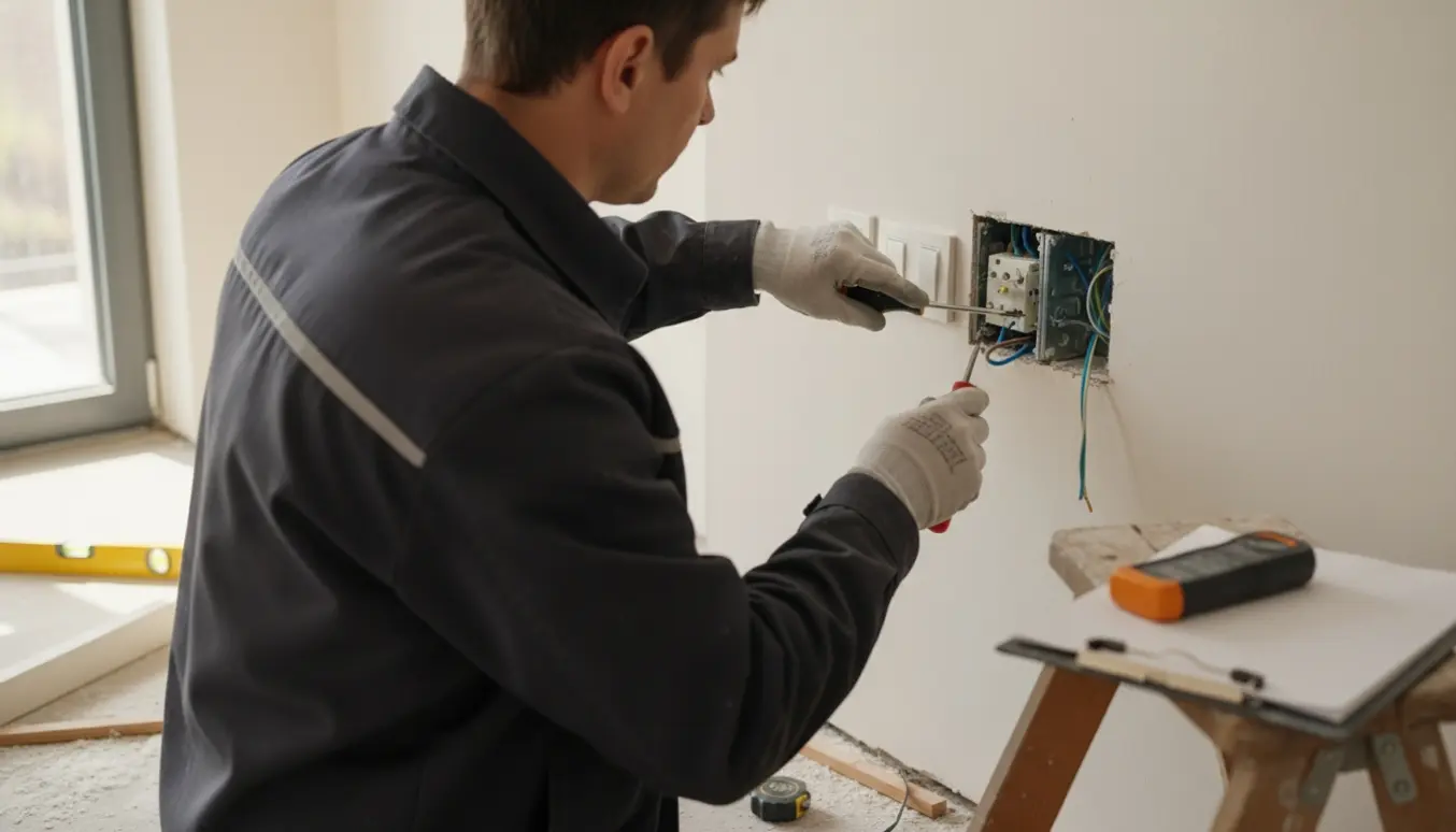 Elektriker fører to afbrydere ind i en sidevæg med ledninger og værktøj i forgrunden.