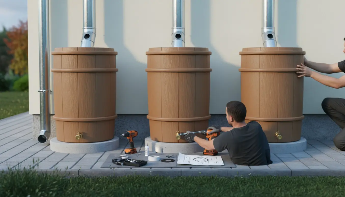 Tre regnvandstønder monteret under metalnedløbsrør med værktøj og en person, der spænder en hane.