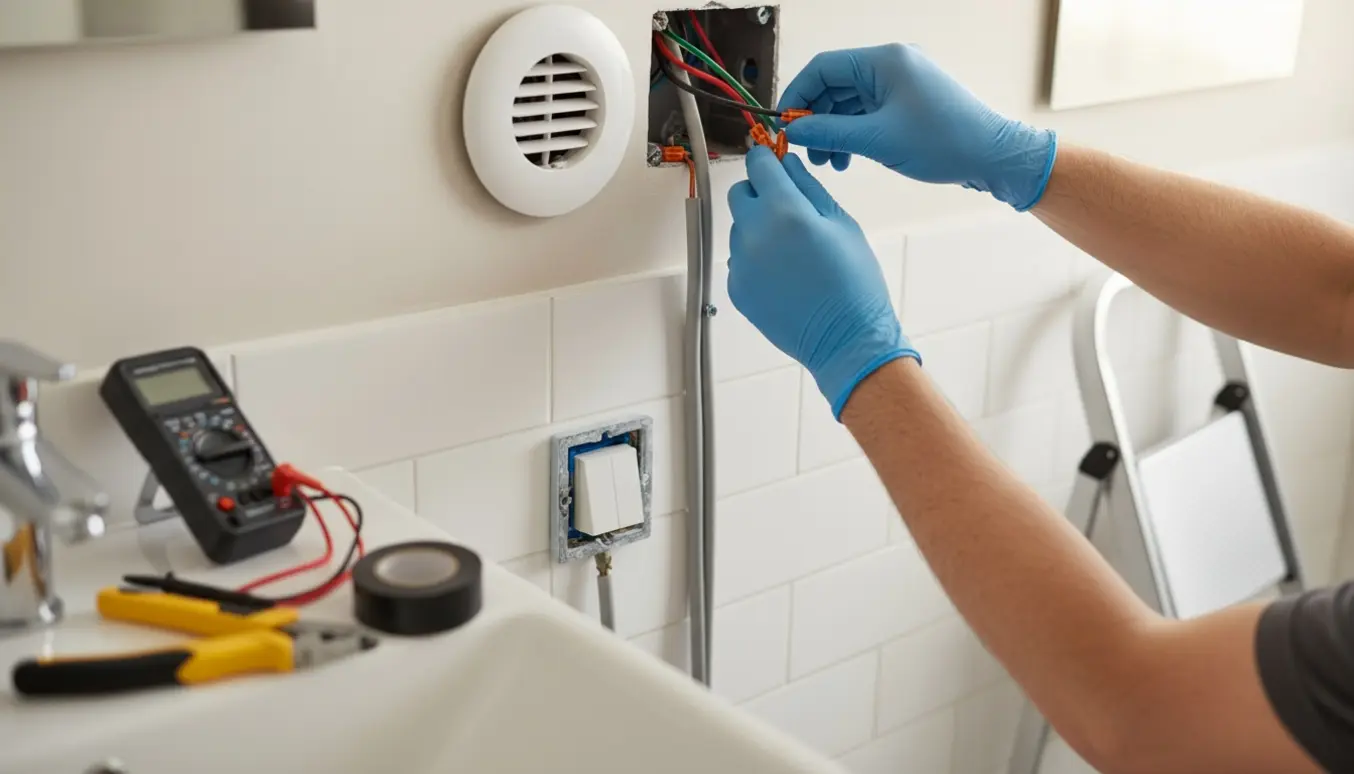 Elektriker håndterer kabler i en åben el-dåse ved badeværelsesudsugningen.