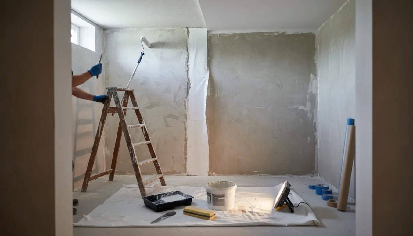 Kælderværelse under renovering med spartel, filt strimmel og en rulle maling klar til loftet.