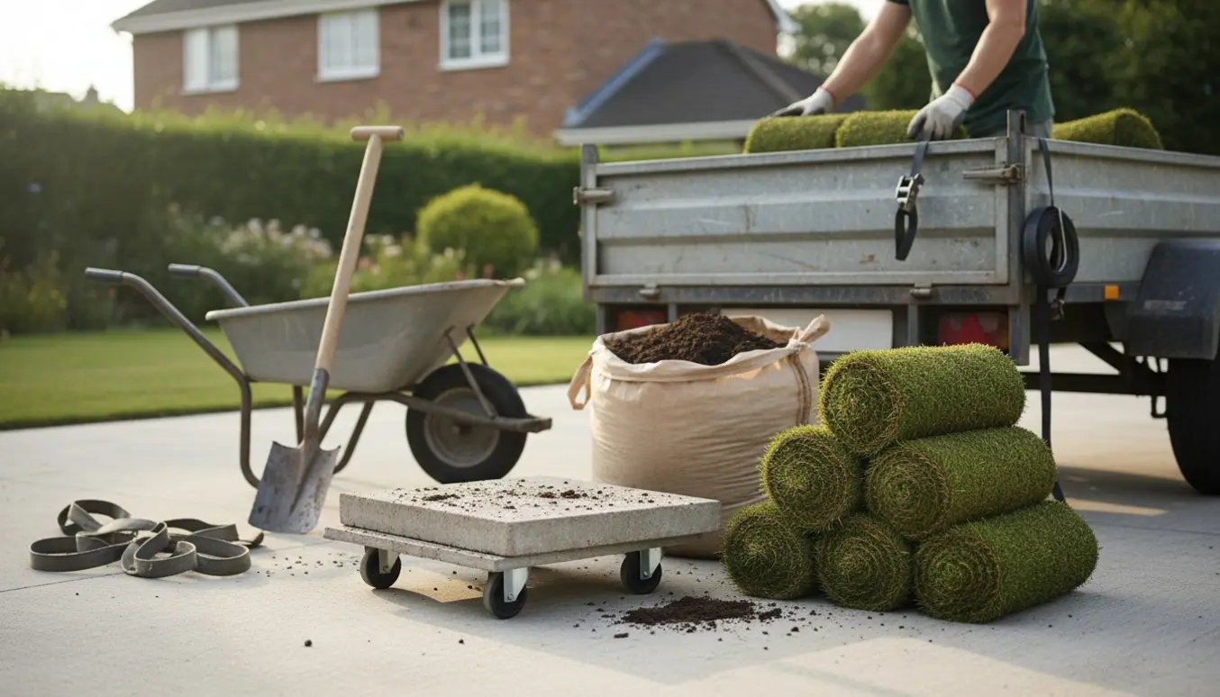 Rullegræs, en tung flise og en sæk jord læsses i en trailer på en indkørsel.
