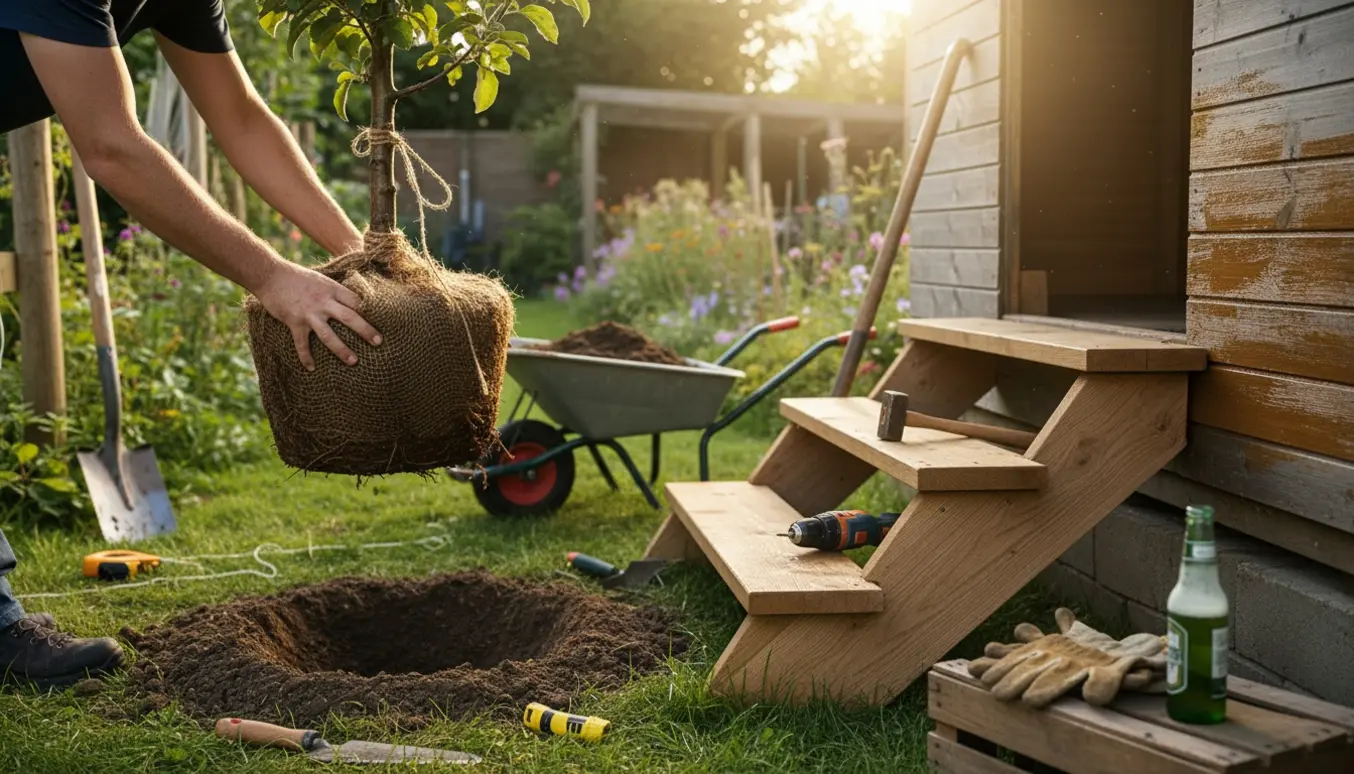 Hænder planter et æbletræ, olierer et haveskur og monterer en ny trappe i en solbeskinnet have.
