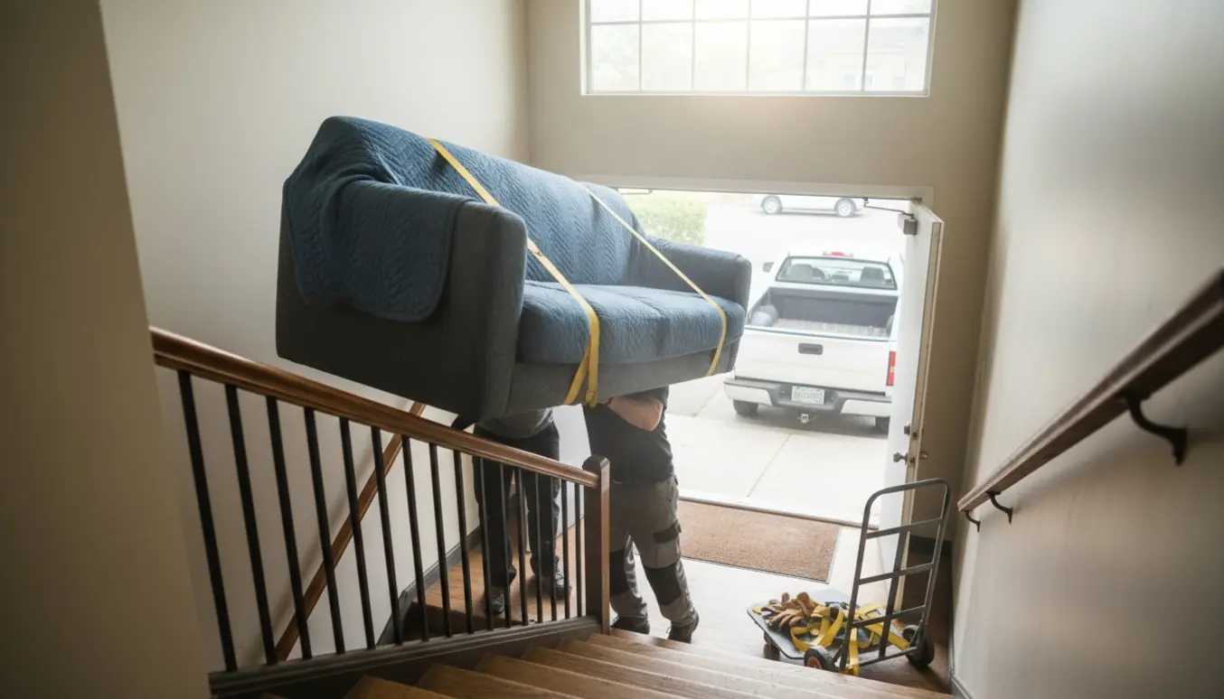 To personer bærer en loungesofa ned ad opgangen pakket i flyttetæpper, klar til afhentning og aflevering ved affaldscontainer.