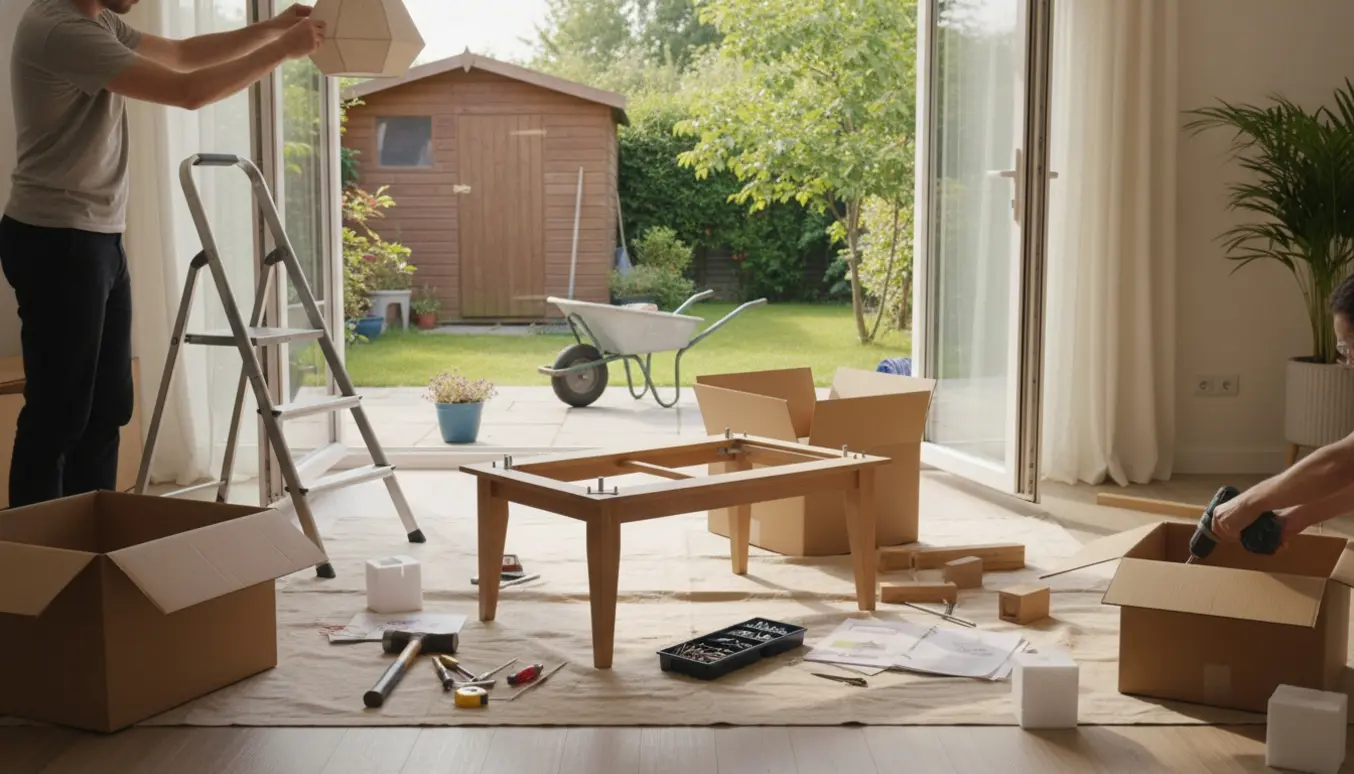 Stue i arbejde med åbne kasser, værktøj og hænder, der samler møbler, set mod en terrasse og ryddet have.
