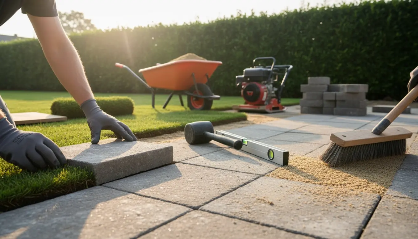 Nærbillede af flisebelægning ved en nyanlagt plæne med værktøj og en nyklippet hæk i baggrunden.