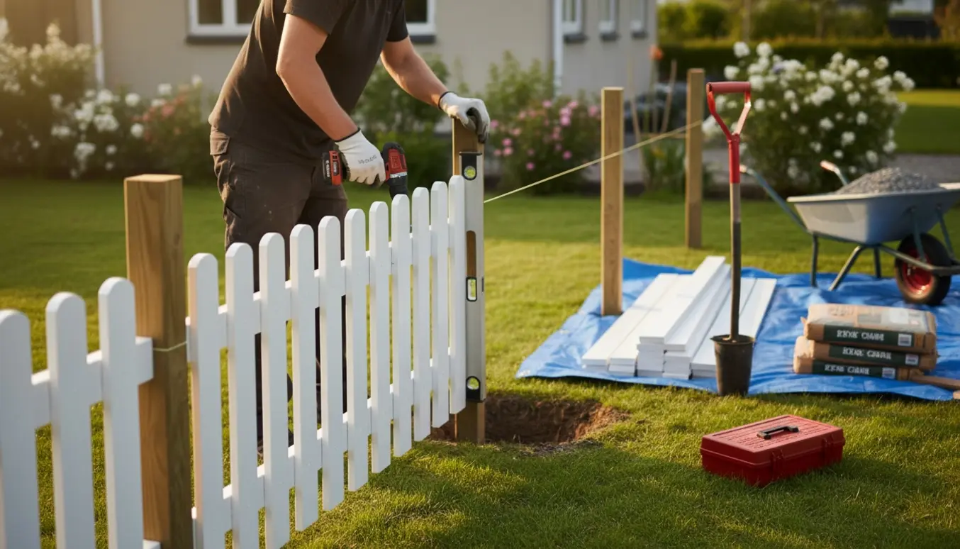 Montage af lavt Skagen-stakit i have, med hænder, værktøj og delvist opsat hegn i fokus.