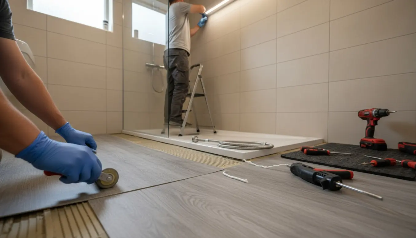 Hænder lægger nyt vinylgulv i et lille kolonihave-badeværelse med en halvmonteret brusekabine og ny lampe.